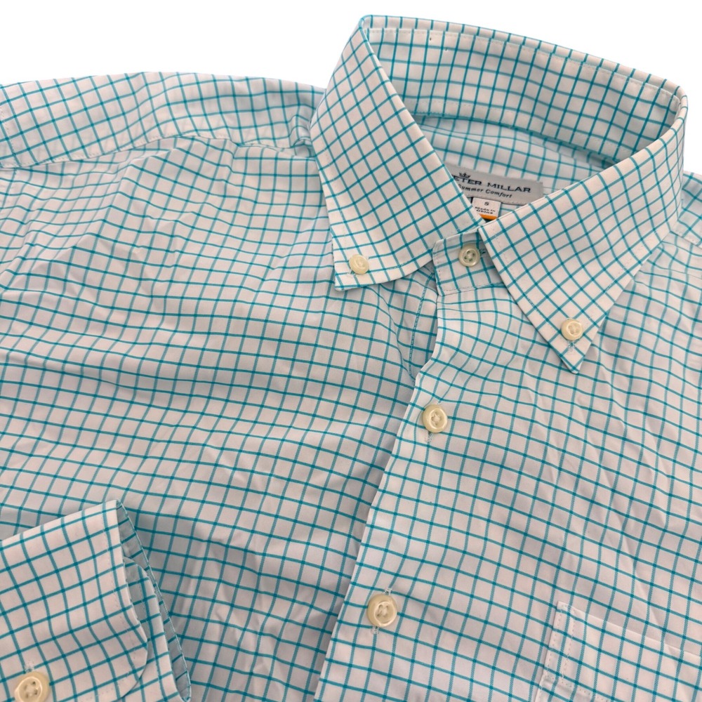 Peter Millar Summer Comfort Mens Small Teal White Tattersall Check Button Down